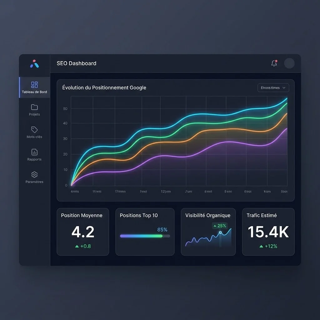 [Dashboard outil SEO avec rankings]