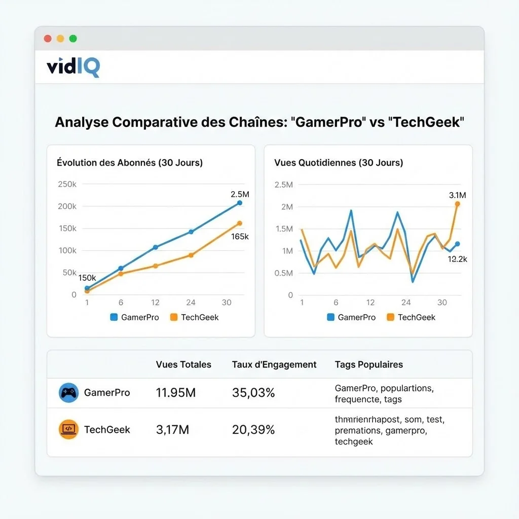 [Dashboard vidIQ comparaison chaînes]