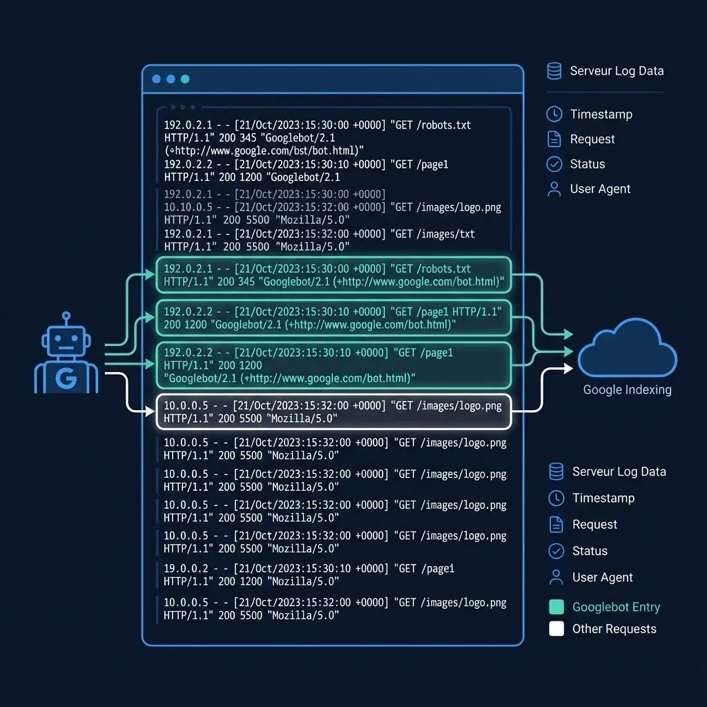 [Fichier log serveur avec entrées Googlebot]