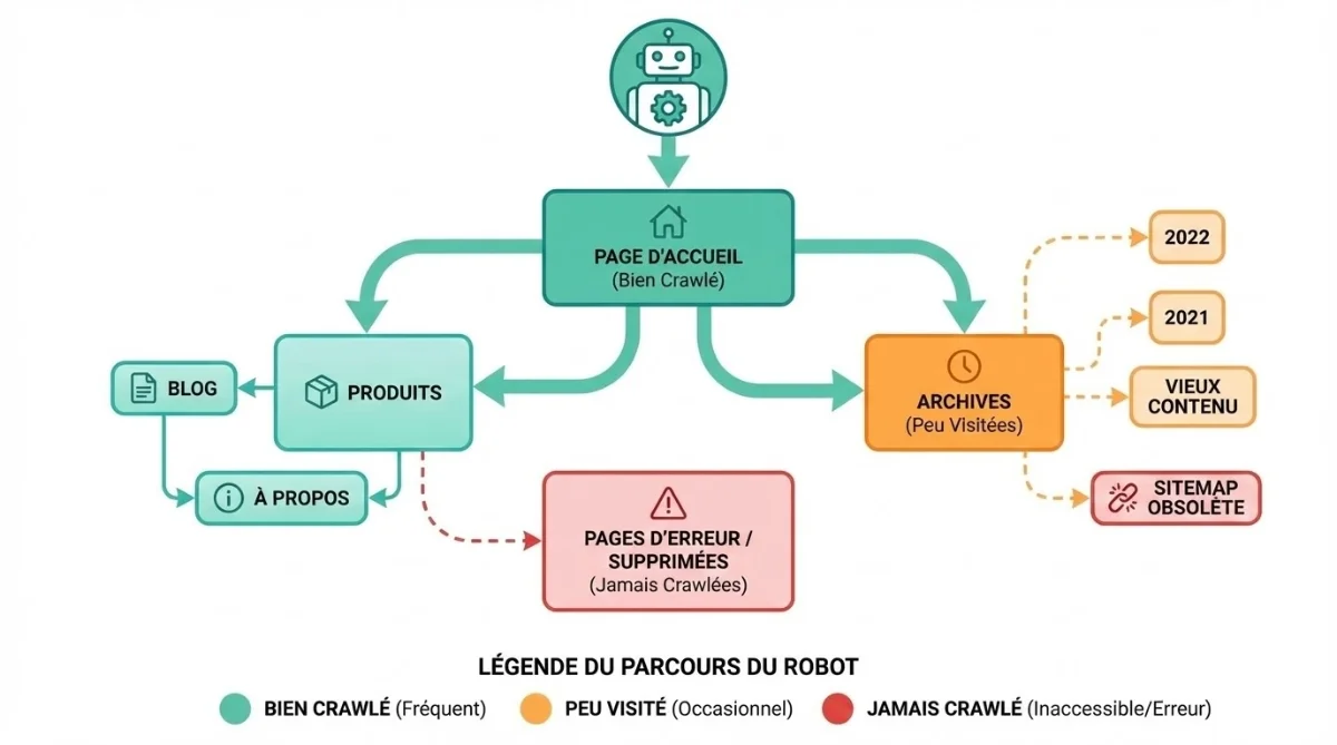 [Parcours robot sur site web avec zones de crawl]