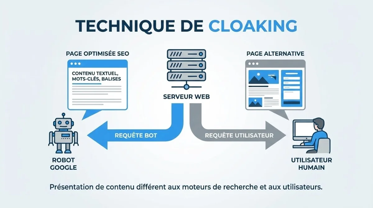 [Schéma fonctionnement du cloaking SEO]